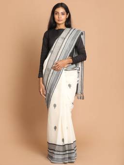 Indethnic - White Printed Pure Cotton Saree with Unstitched Blouse