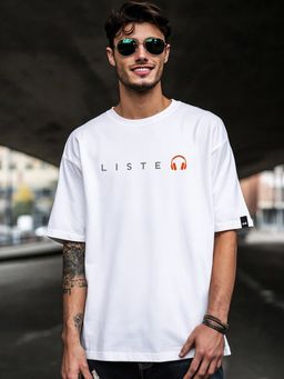 Bewakoof - Men's White Keep Listening Typography Oversized T-shirt