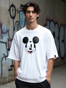 Bewakoof - Official Disney Men's White Mickey Wink Graphic Printed Oversized T-shirt