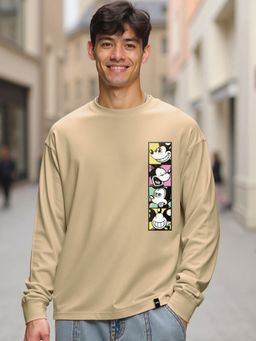 Bewakoof - Official Disney Men's Brown Mickey Faces Graphic Printed Oversized T-shirt