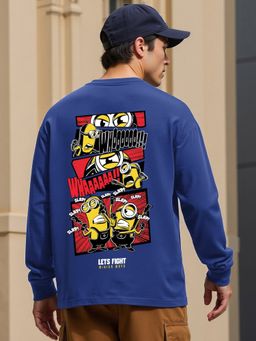 Bewakoof - Official Minions Men's Blue Lets Fight Graphic Printed Oversized T-shirt