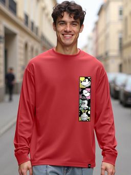 Bewakoof - Official Disney Men's Red Mickey Faces Graphic Printed Oversized T-shirt