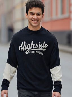 Bewakoof - Men's Black & White High Side Graphic Printed Flatknit Sweater