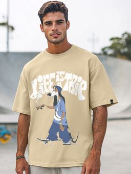 Bewakoof - Men's Brown Life is a Trip Graphic Printed Oversized T-shirt