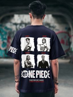 Bewakoof - Official One Piece Merchandise Mens Blue Pirate Crew Graphic Oversized T-Shirt