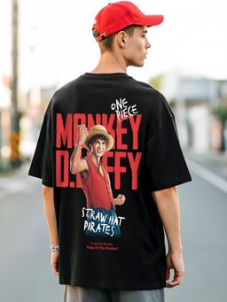 Bewakoof - American Pima Official One Piece Men's Black Luffy Graphic Printed Oversized T-shirt