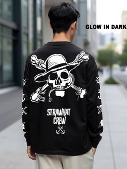 Bewakoof - Official One Piece Men's Black Mugiwara Crew Graphic Printed Oversized T-shirt