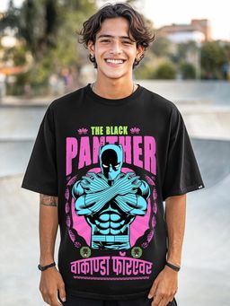 Bewakoof - Official Marvel Men's Black Panther Graphic Printed Oversized T-shirt