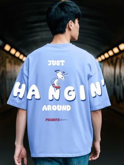 Bewakoof - Official Peanuts Men's Blue Hang In Around Graphic Printed Oversized T-shirt