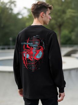 Bewakoof - Official Marvel Men's Black Across The Spiderverse Graphic Printed Oversized T-shirt
