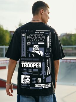 Bewakoof - Official Star Wars Men's Black Storm Trooper Graphic Printed Oversized T-shirt
