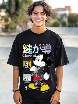 Bewakoof - Official Disney Men's Black Mickey Star Graphic Printed Oversized T-shirt