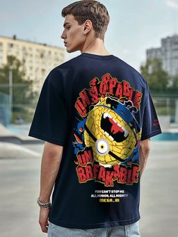 Bewakoof - Official Minions Men's Navy Blue Heroes Are Made Graphic Printed Oversized T-shirt