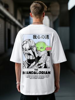 Bewakoof - Official Star Wars Men's White Mandalorian Graphic Printed Oversized T-shirt