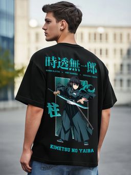 Bewakoof - Official Demon Slayer Mens Black Wind Hashira Graphic Oversized T-Shirt