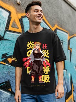 Bewakoof - Official Demon Slayer Men's Black Heart Ablaze Graphic Printed Oversized T-shirt