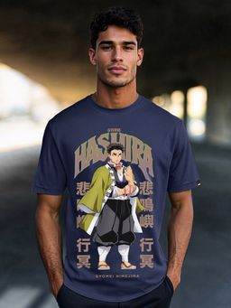 Bewakoof - Official Demon Slayer Men's Navy Blue Gyomei Stone Hashira Graphic Printed T-shirt