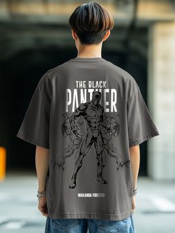 Bewakoof - Official Marvel Men's Grey Wakanda Forever Graphic Printed Oversized T-shirt