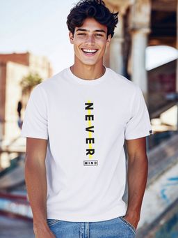 Bewakoof - Men's White Never Mind Stripe Typography T-shirt