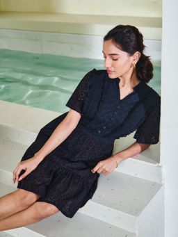 Style Island - Women's Cotton Fit And Flare Lina Black Midi Dress