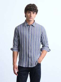 Flying Machine - Blue Rayon Stripes Shirt