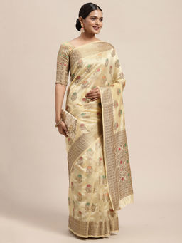 Sareemall - Womens Silk Blend Beige Woven Design Saree with Unstitched Blouse