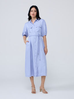 Twenty Dresses by Nykaa Fashion - Blue Solid Puff Sleeves Midi Shirt Dress & Belt (Set of 2)
