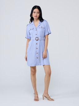 Twenty Dresses by Nykaa Fashion - Blue Solid Lapel Half Sleeves Mini Dress & Belt (Set of 2)