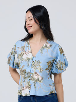 Twenty Dresses by Nykaa Fashion - Blue Printed V Neck Half Puff Sleeves Top
