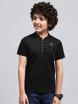 Monte Carlo - Boys Solid Black Mandarin Neck Half Sleeve Regular Fit T-Shirt
