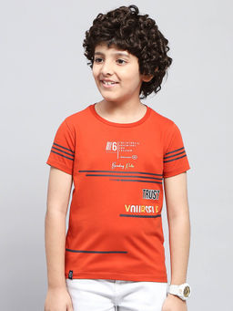 Monte Carlo - Boys Printed Orange Round Neck Half Sleeve Regular Fit T-Shirt