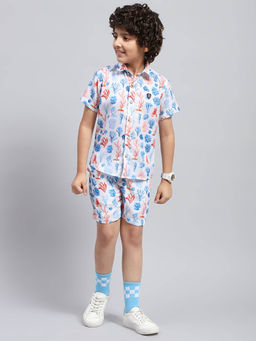 Monte Carlo - Boys Printed Blue Collared Neck Half Sleeve Shirt and Short (Set of 2)
