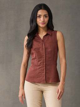 Fabindia - Brown Cotton Linen Solid Daffodil Top