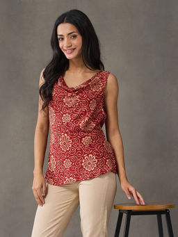 Fabindia - Red Rayon Blend Ajrakh Floral Print Top