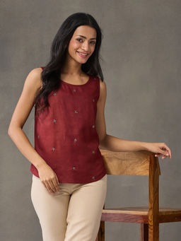 Fabindia - Red Viscose Silk Hand Embroidered Top