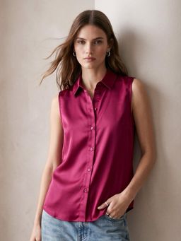 Outzidr - Wine Sleeveless Button Down Satin Shirt