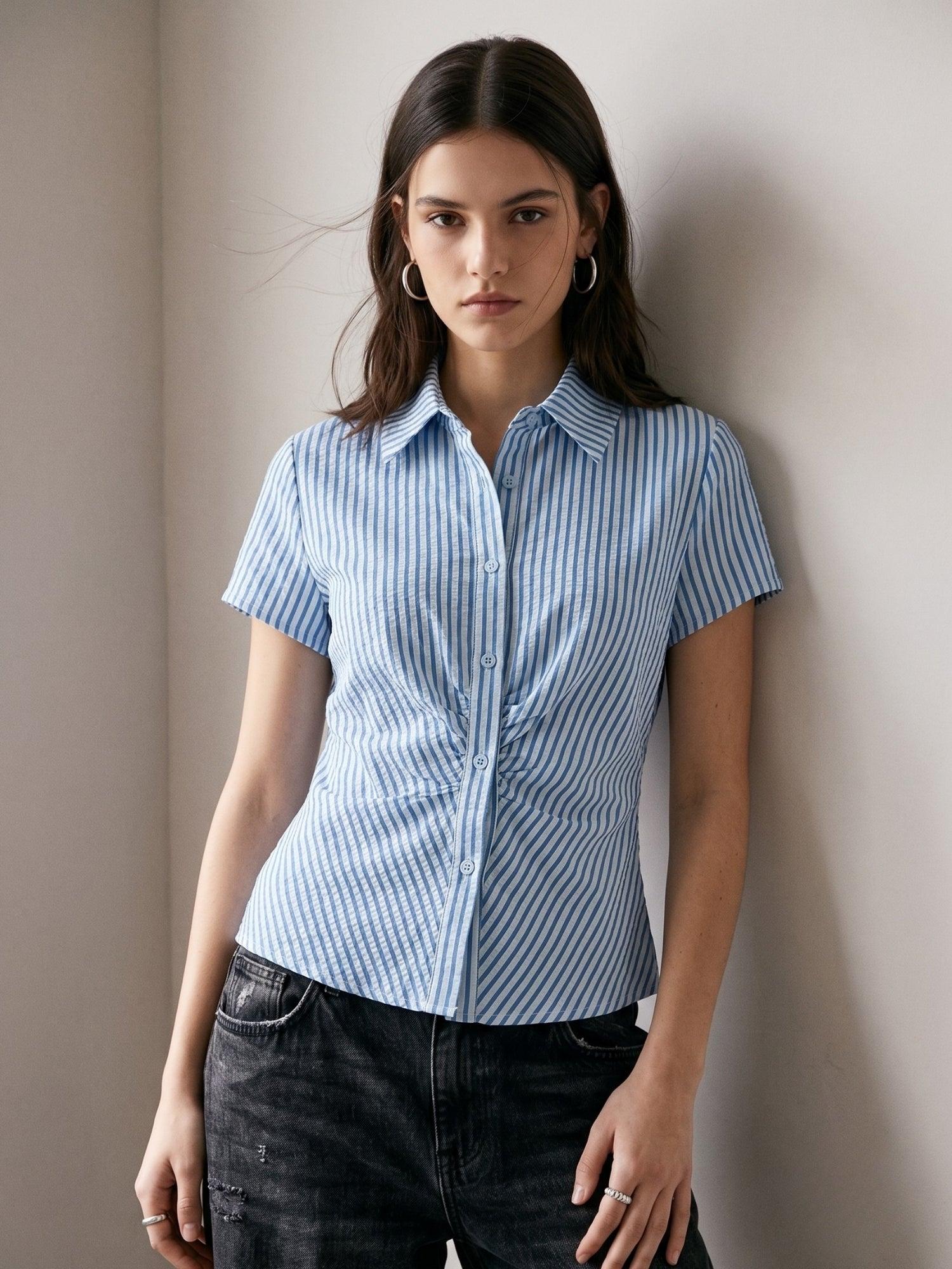 outzidr Blue Fitted Button Down Striped Shirt-picture-19