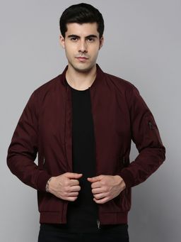 SHOWOFFFF - Mens Stand Collar Burgundy Solid Open Front Jacket