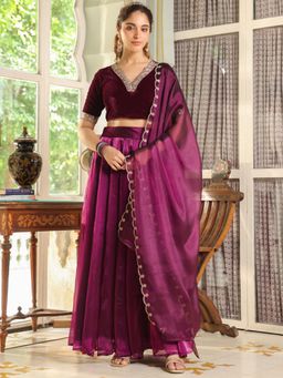 Janasya - Women Purple Organza Embroidered Pleated Lehenga with Choli and Dupatta (Set of 3)