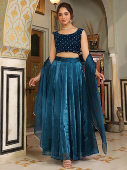 Janasya - Women Teal Organza Embroidered Pleated Lehenga with Choli and Dupatta (Set of 3)