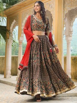 Janasya - Women Black Pure Cotton Paisley Printed Tiered Lehenga with Choli and Dupatta (Set of 3)
