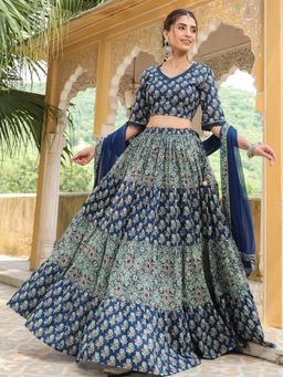 Janasya - Women Blue Pure Cotton Floral Printed Tiered Lehenga with Choli and Dupatta (Set of 3)