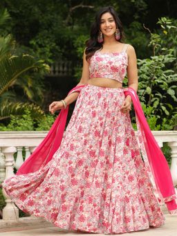Janasya - Women Cream Pure Cotton Floral Printed Tiered Lehenga with Choli and Dupatta (Set of 3)