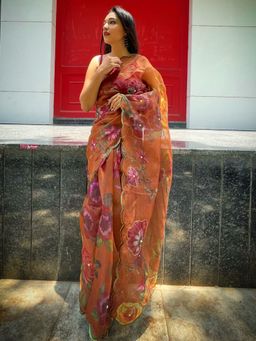 Odette - Brown Organza Printed Saree with Unstitched Blouse