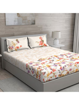 GM - Yellow And Purple Floral 150 Tc Cotton Queen 1 Bedsheet 2 Cushion Covers