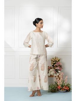 SMRITI GUPTA - Off White Chanderi Printed Top & Palazzo (Set of 2)