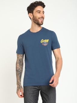 Guess - Men Blue Solid Round Neck Short Sleeves T-Shirt