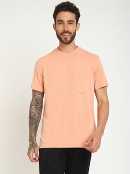 Guess - Men Peach Solid Round Neck Short Sleeves T-Shirt