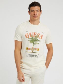 Guess - Men Cream Printed Round Neck Short Sleeves T-Shirt
