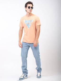 Guess - Men Peach Printed Round Neck Short Sleeves T-Shirt